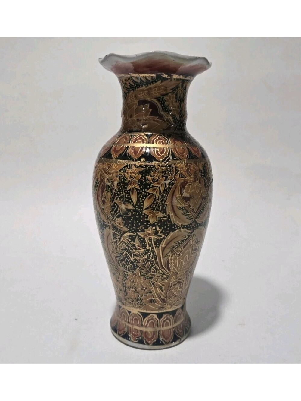 VTG Chinese Vase Glaze Pottery Jar 8” Ornate Asian Design Gold Ruffle Top